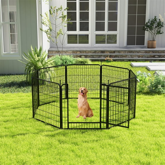 8 Panels Dog Pen 32" Height Pet Playpen With Doors, Safe Round Ball Tops, Heavy Duty Playpen Pet Fence, Metal Dog Fence Exercise Pen For Small/Medium Dogs