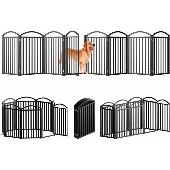 8 Panels Full Matel Freestanding Dog Gates with Door, 192"Extra Wide 36"Tall Free Standing Dog Pet Gate for Indoor & Outdoor. Foldable Pet Fences for Doorways, House, Stairs, Porch, Deck, Yard