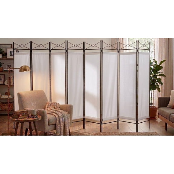 8 Panels Metal Room Dividers Privacy Screen Washable Fabric Insert White Color