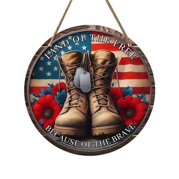 8" Patriotic Soldier Boots Door Hanger - 4th of July Memorial Day Veterans Day Decor, Wooden Front Porch Sign with USA Flag, Indoor Outdoor Rustic Wall Hanging