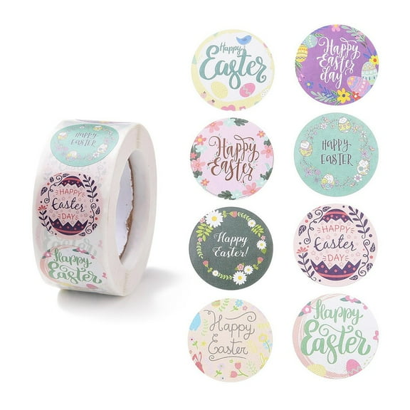 8 Patterns Easter Theme Self Adhesive Paper Sticker rolls with Rabbit Pattern Round Sticker Labels Gift Tag Stickers Mixed color Happy Easter Word 25x0.1mm 500pcs/roll 1roll