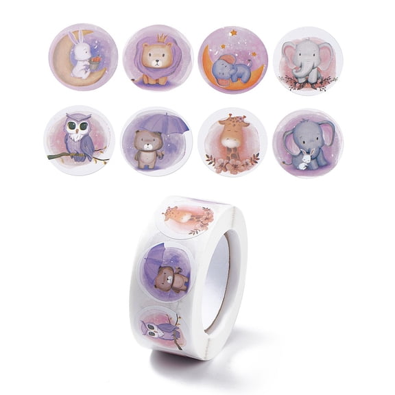 8 Patterns Paper Cartoon Sticker Rolls Round Dot Decals for DIY Scrapbooking Craft Animal Pattern Lilac 25mm 500pcs/roll DIY