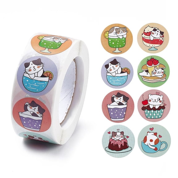 8 Patterns Paper Cartoon Sticker Rolls Round Dot Decals for DIY Scrapbooking Craft Cat Pattern Mixed Color 25mm 500pcs/roll