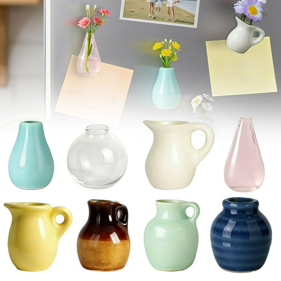 8 Pc Mini Ceramic Vase Magnets for Fridge, 3D Cute Tiny Plant Vase Fridge Magnets Ceramic Set, Ceramic Vase Magnets for Kitchen Refrigerator Office Locker Decor