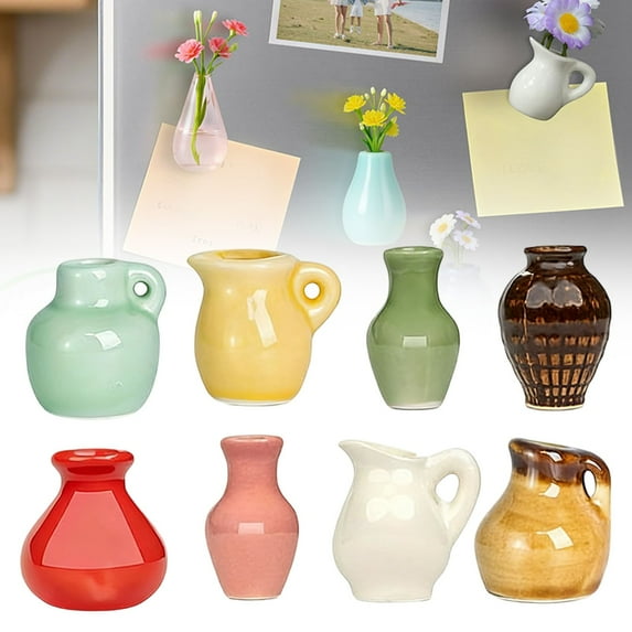 8 Pc Mini Ceramic Vase Magnets for Fridge, 3D Cute Tiny Plant Vase Fridge Magnets Ceramic Set, Ceramic Vase Magnets for Kitchen Refrigerator Office Locker Decor
