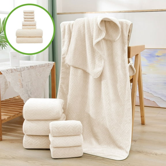 8-Pc Velvet Towel Bundle, Beige Cotton Bath Towel Set, 11.8x11.8in Square + 27.5x55in Bath Sheets, Quick-Drying Absorbent Household Towels, Double-Needle Embroidery, Spa Hotel Quality Collection