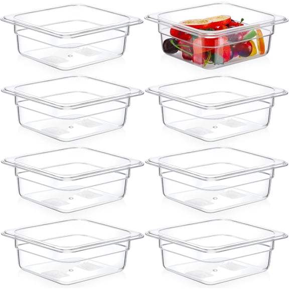 8 Pcs 1/6 Size, 2.6 Inch Deep Food Storage Container, Polycarbonate Plastic, Clear, Cold Pans for Kitchen Restaurant Food Prep, 1 Quart