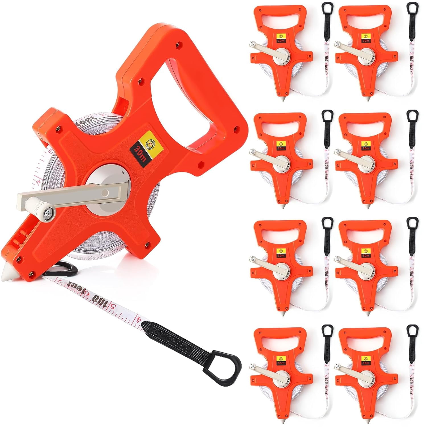 QWORK 1/2" X 164' Open Reel Fiberglass Tape Measure – Dual Sided (Inches & Metric), Ergonomic Handle, Orange