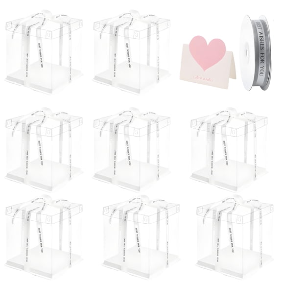 8 Pcs 10x10x12Inch Clear Cake Box with Ribbon, High Cake Box for Bakery Dessert Bread Pastry Transparent Gift Boxes for Birthdays, Weddings and Holiday Parties