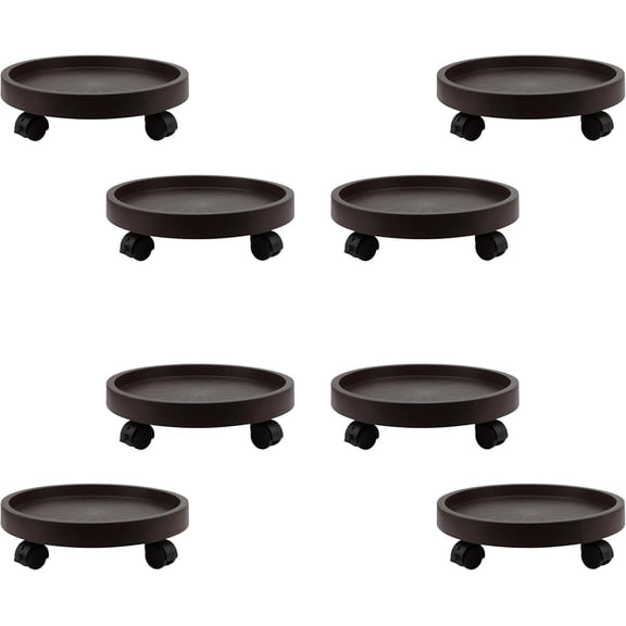8 Pcs 12 Inch Brown Resin Plant Caddy with Wheels, Heavy Duty Rolling Plant Stand with Casters, Planter Pot Mover with Extended Basin for Indoor Outdoor Use, Holds Up to 200 lbs