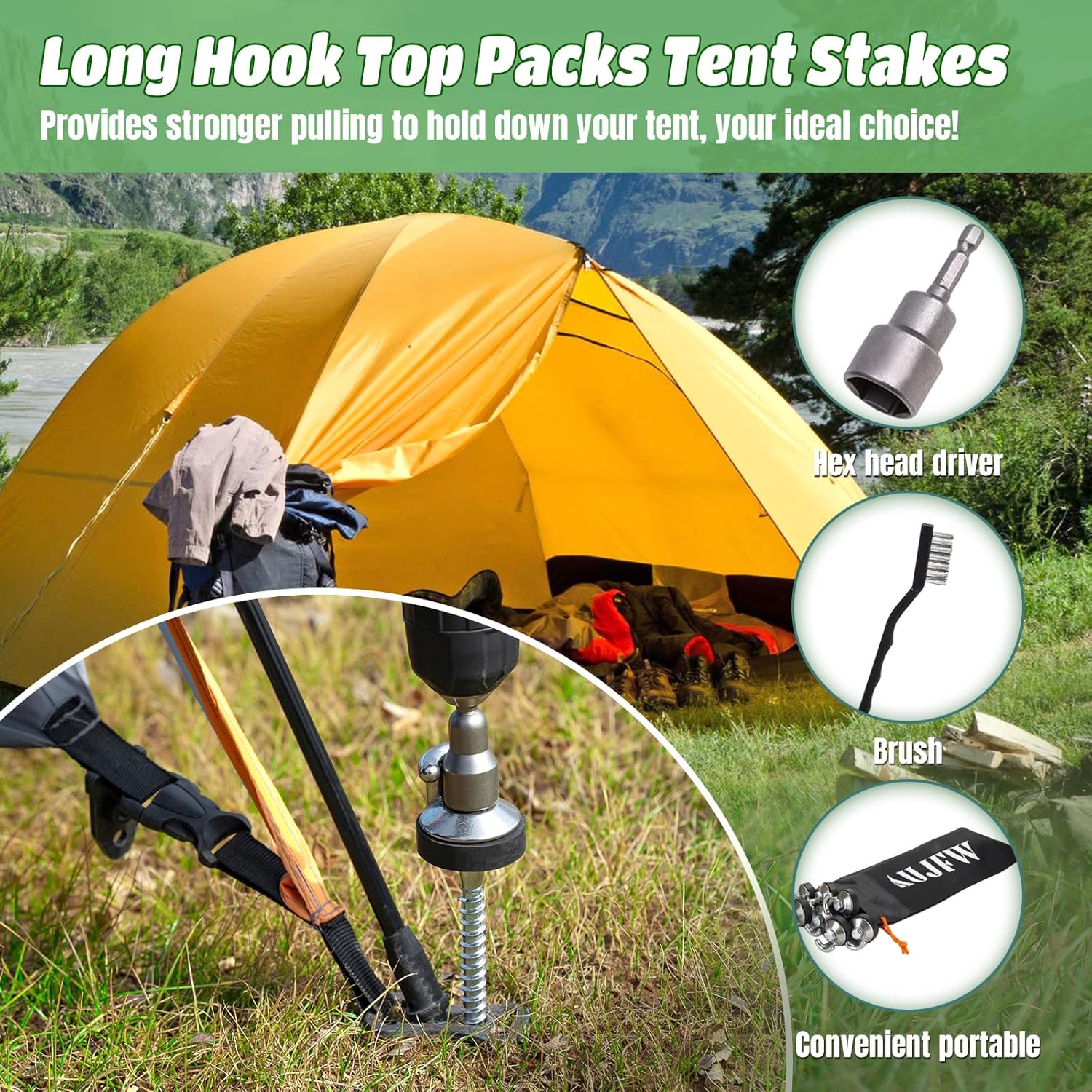 8 Pcs 12 Inch Drillable Tent Stakes Hex Pegs Long Hook Top Packs for Grassland Garden Tents Canopies Awnings Camping Travel with Hex Tool and Storage Bag