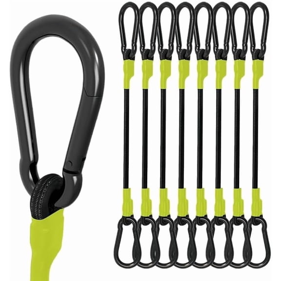 8 Pcs 12 Inch Heavy Duty Carabiner Bungee Cord Outdoor with 190 Lbs Max Break Strength, Black/Yellow Bungee Straps with Upgraded Carabiner Hooks