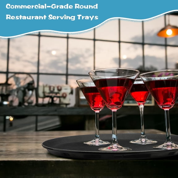 8 Pcs 16" Large Restaurant Serving Trays with Rubber Lined Plastic Non Slip Tray Non Skid Round Serving Platter Server Tray for Bar Drink, Cafeteria Food, Coffee, Table, Hotel, Party, Black