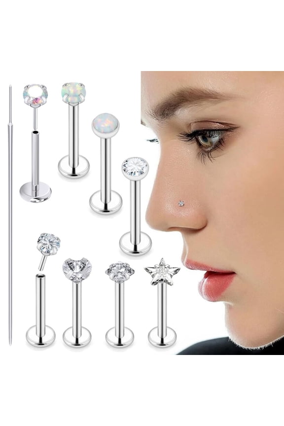 8 Pcs 16G Threadless Nose Rings Studs Flat Back Earrings Surgical Stainless Steel Nose Rings Stud Piercing Jewelry
