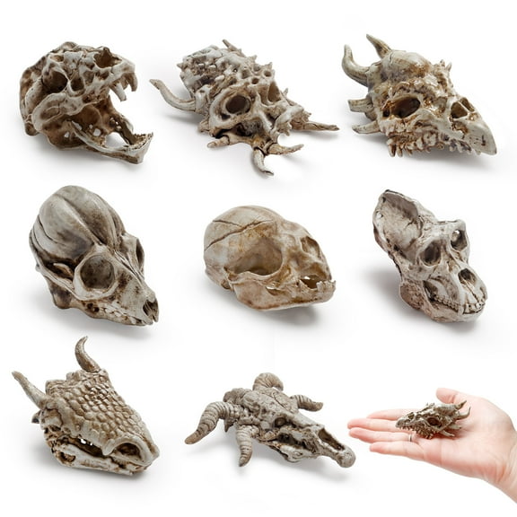 8 Pcs 2.3 inch Resin Animal Skull Figurines Realistic Skeleton Head Bones Halloween Decor Ornament