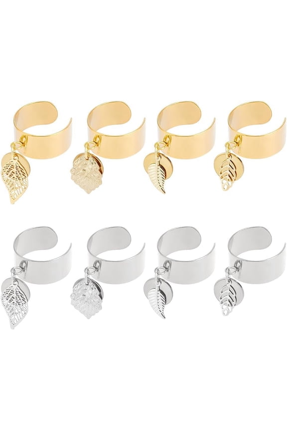 8 Pcs 2 Colors Stainless Steel Charm Rings Women's Ring Leaf Pendant Ring 4 Styles Adjustable Rings with Leaf Charms Open Cuff Finger Ring Sets