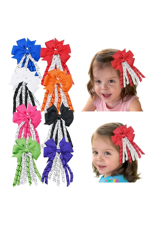 8 Pcs 3.3inch Long Tail Hair Bows for Girls 3-10 Years, Polka Dot Grosgrain Ribbon Clips for School & Parties