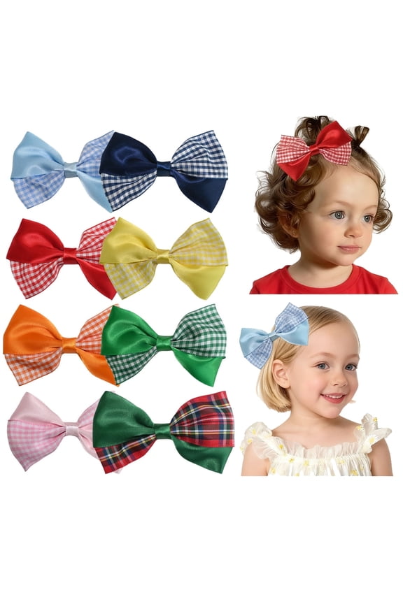 8 Pcs 3.5inch Satin Gingham Hair Bows for Girls 4-12 Years, Reversible Ribbon Clips for Picnics & Daily Hairstyles