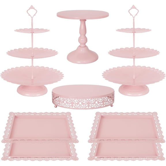 8 Pcs 3-Tier Pink Metal Cake Stand Set with Cupcake Tower and Cookie Tray