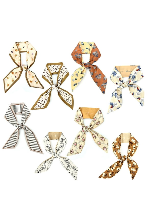 8 Pcs 36.2"L x 2.4"W Brown Floral Silk Scarves for Women, Multifunctional Boho Headbands Hair Wrap for Bag Hair Clothes Decoration