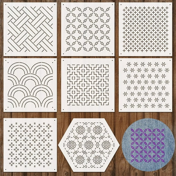 8 Pcs 4.7 x Inch Plastic Sashiko Stencil kit Geometric Pattern Template Drawing Line Embroidery for Hand Quilting and Embroidery, 2.5mm Thick(Traditional Style)