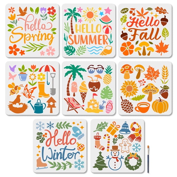 8 Pcs 4 Seasons Stencil Reusable Hello Summer Fall Stencils
