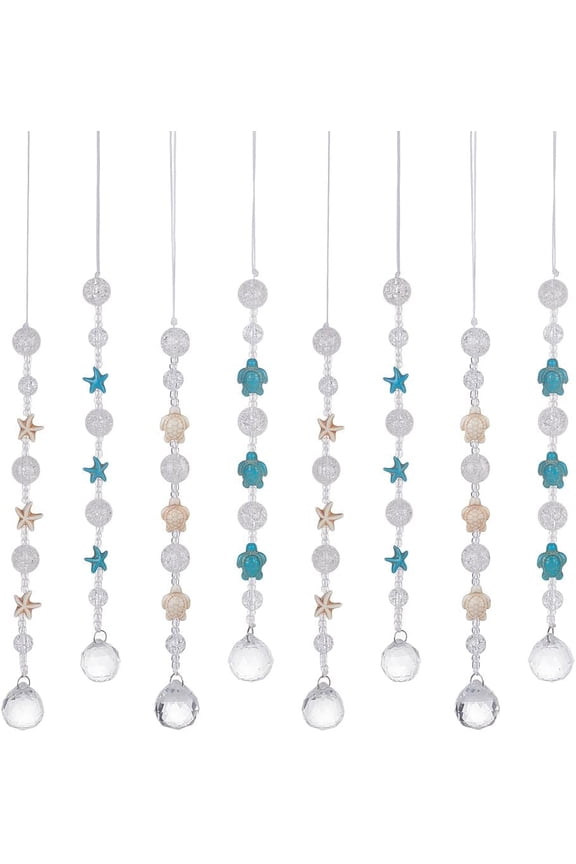 8 Pcs 4 Styles Glass Suncatcher Beach Themed Sun Catcher with Balls Turtle/Starfish Car Charm Hanger for Window Glass Ornament 11.8inch(30cm) Long for DIY