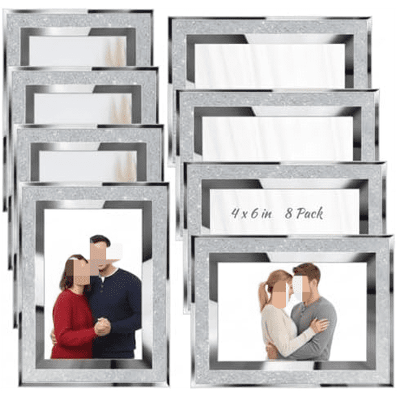 8 Pcs 4 x 6 Inch Silver Picture Frames Bulk Small Glitter Glass Photo Frame for Tabletop Display Wedding Birthday Valentine's Day Gifts, Bling Edge, Horizontally or Vertically