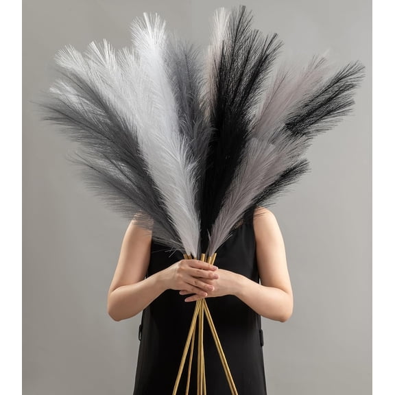 8 Pcs 45" Pampas Grass Tall Faux Dried Decor, Fluffy Fake Long Pompas Artificial Black White Grey Gray Pompous Stems Bouquet Flower Arrangement Vase Filler for  Home Wedding Decoration