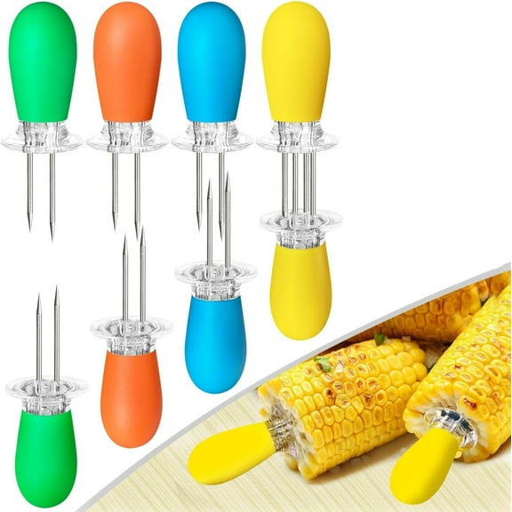 8 Pcs/4Pairs Corn Holders, Stainless Steel Corn Cob Holders Corn on The Cob Skewers for BBQ Twin Pin Sweetcorn Holders, Interlocking Design Corn Skewers Forks for Home Cooking BBQ,4 Colors