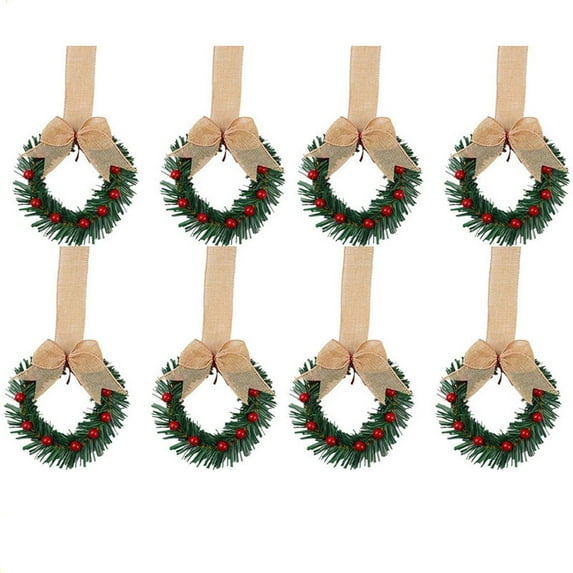 8 Pcs 4in Christmas Mini Cabinet Wreaths with Ribbon Bows Red Berry Artificial Small Kitchen Wreath for Window Front Door Farmhouse Wall Xmas Decorations Beige