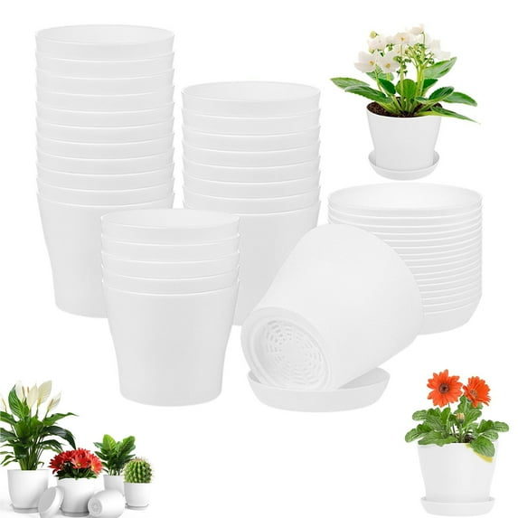 8 Pcs 5.5in White Plastic Plant Pots,Tutuviw Plastic Planters for Indoor Flowers with Drainage Holes and Saucers/Trays,Decorative Pots Nursery Pots for Plants, Flowers,Seedling,Herb Garden