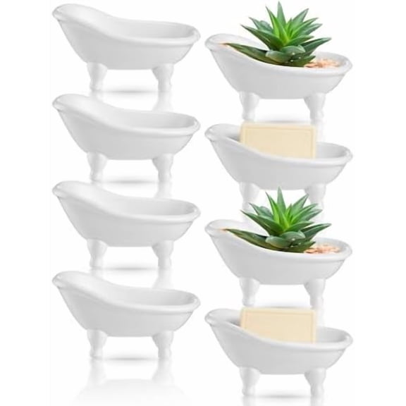 8 Pcs 5.6" Mini Bathtub Ceramic Planter Succulent Pot Bonsai Cactus Flower Vase Holder Decorative Organizer Soap Dish, White$$Garden & Patio