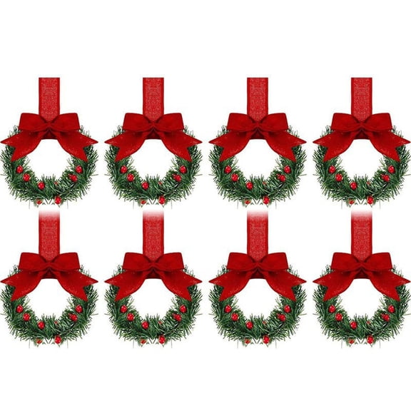 8 Pcs 5" Mini Christmas Kitchen Cabinet Wreaths with Ribbon Bow, Artificial Leaves Berries, Hanging Wreaths for Christmas Home Front Door Window Decorations