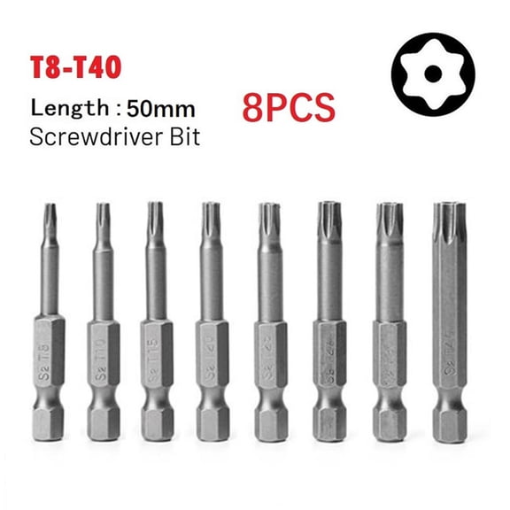 8 Pcs Alloy steel 50mm long Torx screwdriver bits 1/4\" hexagon handle T8-T40