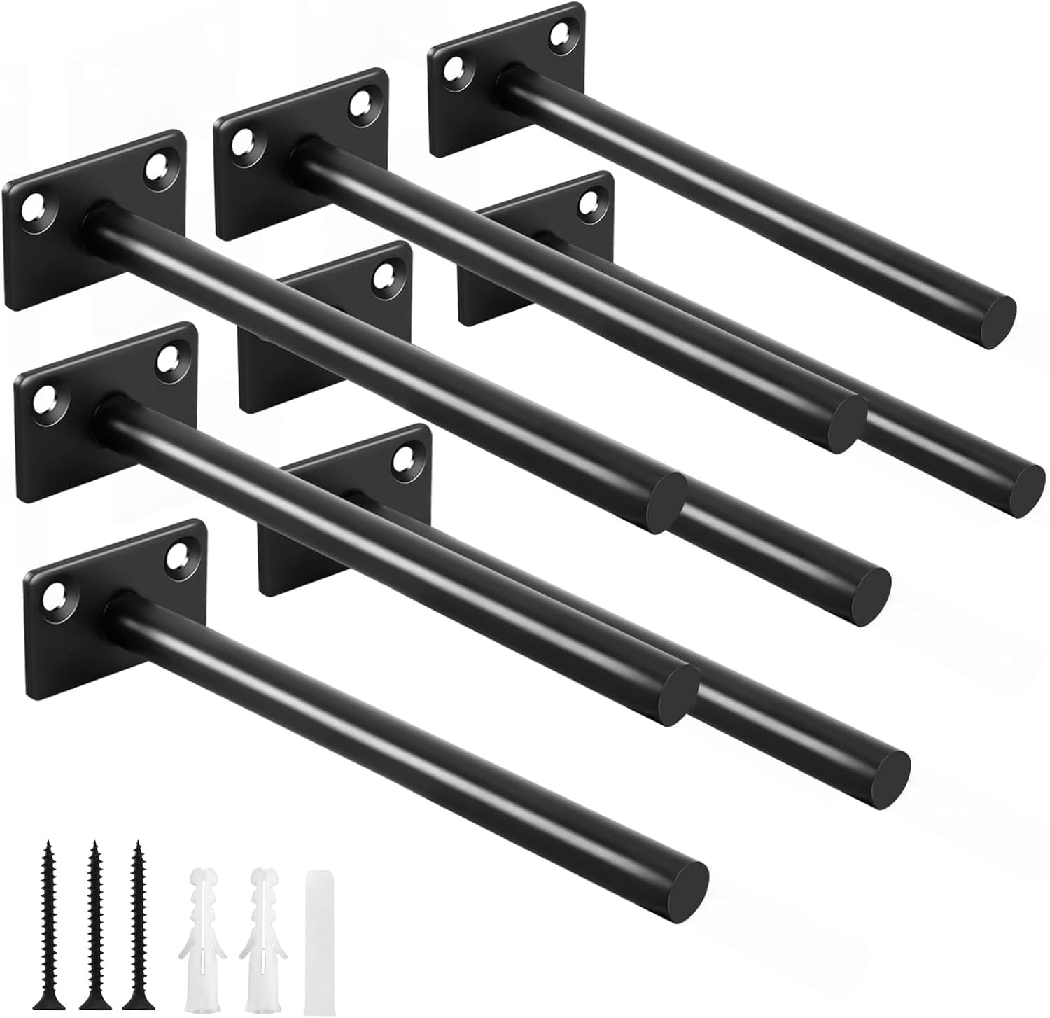 8 Pcs 8" Black Solid Steel Floating Shelf Bracket Blind Shelf Supports - Hidden Brackets for Floating Wood Shelves - Concealed Blind Shelf Support – Screws and Wall Plugs Included