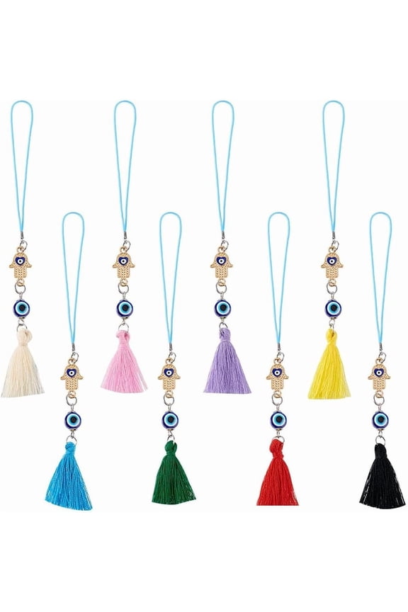 8 Pcs 8 Colors Car Mirror Hangings Tassel Car Hanging Ornament Glass Beads Charm Pendants Car Mirror Decorative Accessories for Home Office Door