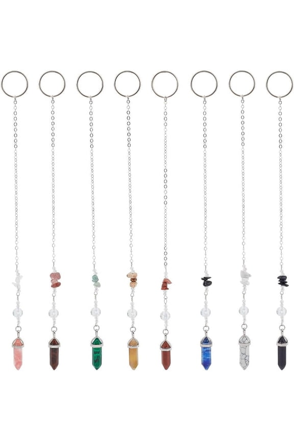 8 Pcs 8 Colors Gemstone Key Chain Mixed Color Pendants with Iron Key Rings Pyramid Stone Pendants Quartz Decoration Hangings for DIY Crafts Jewelry Making for DIY