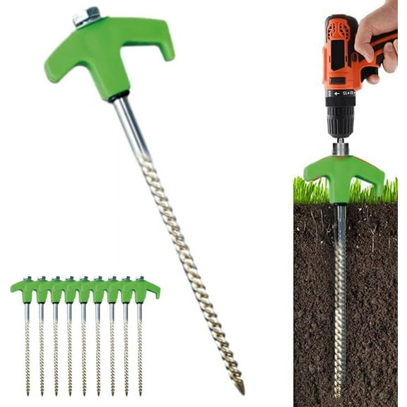 8 Pcs 8 Inch Tent Stakes Heavy Duty Grow in The Dark Tent Stakes Metal Screw in Camping Stakes with Luminous Head Ground Anchor Pegs with Hex Head Driver for Camping Inflatable Yard Decor