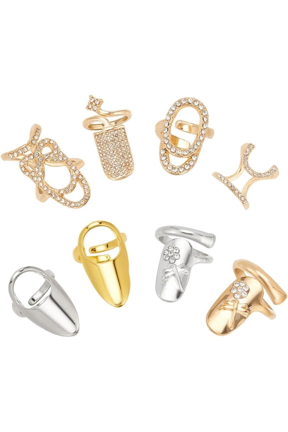 8 Pcs 8 Styles Alloy Rhinestone Finger Nail Rings Metal Nail Ring Charms Finger Nail Tip Claw Rings for DIY Weddings Role-Playing Dating Fancy Dress Parties Golden/Light Gold/Platinum