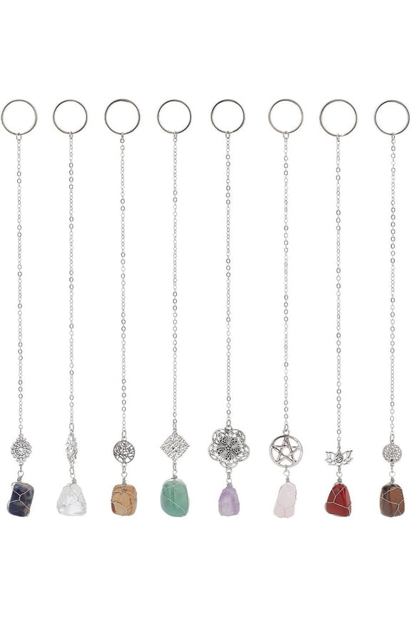8 Pcs 8 Styles Gemstone Key Chain Mixed Shape Crystal Pendant Stone Decoration Hangings with Iron Key Rings Irregular Gemstone Pendant
