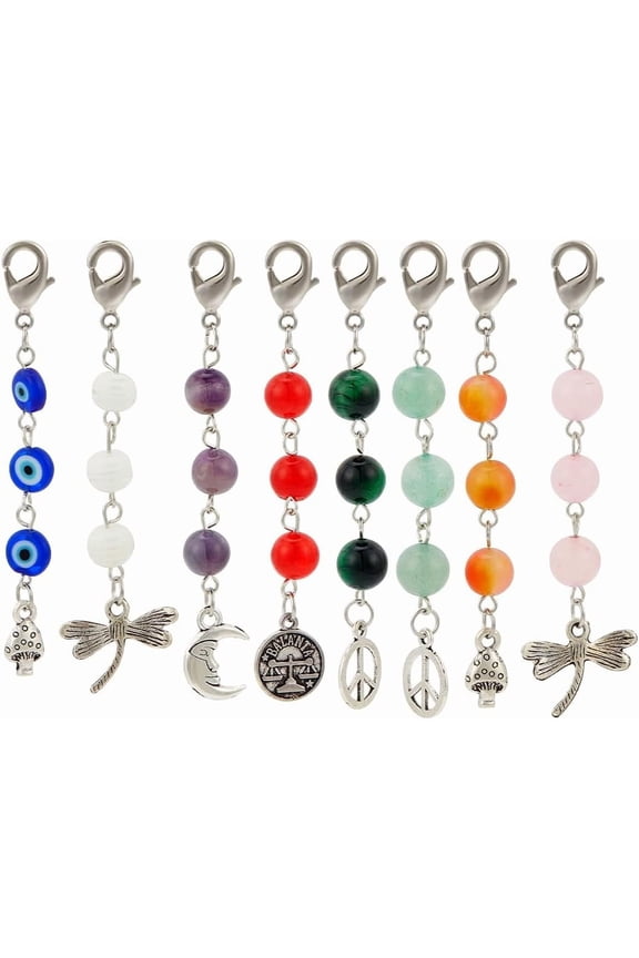 8 Pcs 8 Styles Gemstone Keychains Mixed Crystal Pendant Key Rings Lampwork Evil Eye Beades Keychain with Lobster Claw Clasps