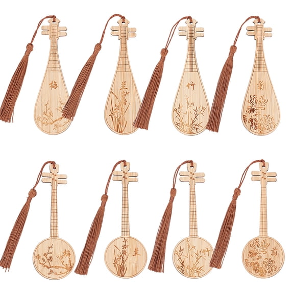 8 Pcs 8 Styles Pipa Bamboo Bookmarks Bisque Vintage Style Bookmark with Tassel Ruan Pipa Bookmarks Musical Instrument Shape Book Marks