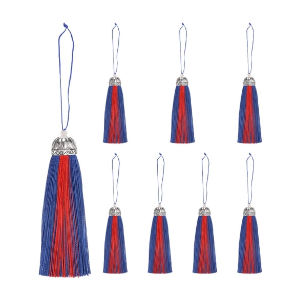 8 Pcs 9.8" Silky Double Color Tassels, Handmade Soft Floss Craft Tassels with Loop, Tassel for Bookmark (Deep Blue, Red)
