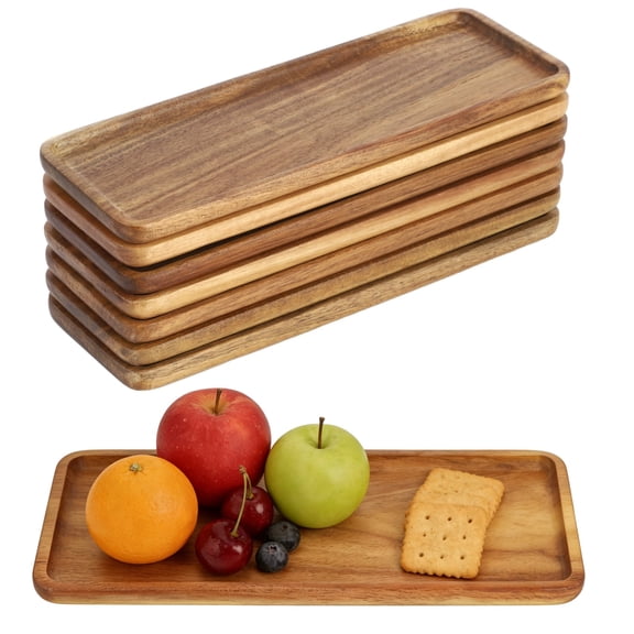 8 Pcs Acacia Wood Serving Trays, 11.4 x 4.1 in Rectangular Wooden Platter Boards with Rounded Edges, Stackable Food Serving Trays for Appetizers, Breakfast, Coffee, Tea, Sushi & Fresh Fruit