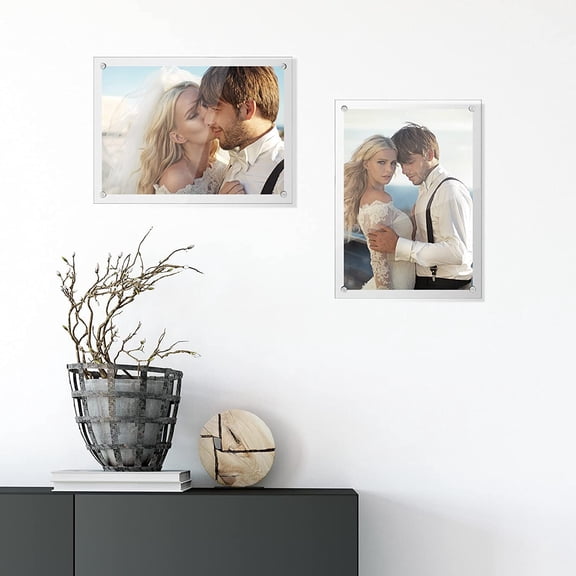 8 Pcs Acrylic Floating Picture Frame 8.5 x 11 Inches Wall Mount Frameless Photo Frames Double Panel Clear for Home Office Photo Display, Full Size 9.6 x 13.2 Inch (Silver)