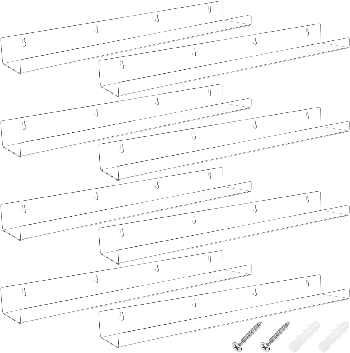 6 Pack Clear Acrylic Floating Shelves 7 Inch | Invisible Wall Mounted Display Shelves For Books, Records, Nail Polish