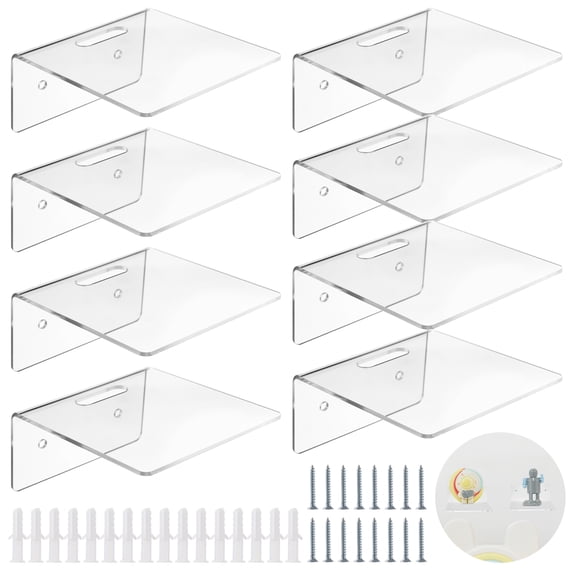 8 Pcs Acrylic Floating Shelves, Clear Wall Shelves for Storage and Display, Small Wall-Mounted Shelves, Includes Screws and Plastic Clips for Easy Installation