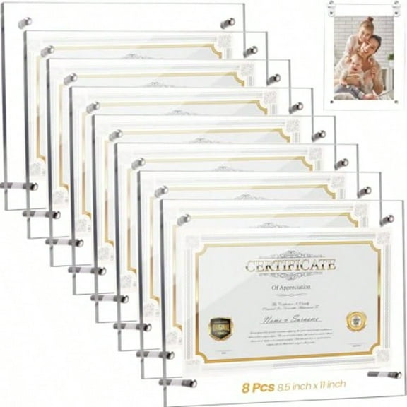 8 Pcs Acrylic Photo Frame 8.5 x 11'' Clear Floating Picture Frame Certificate Document Poster Award Diploma Display Tabletop or Hanging Wall Mount for Back to School Teacher Student Gift Sier