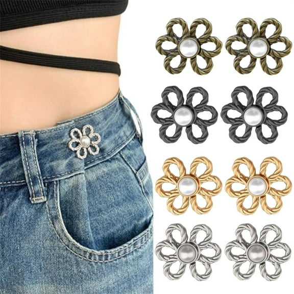 8 Pcs Adjustable Jeans Button Pins, Detachable Pants Buttons Pins, Flower Pearl Jeans Button Tightener, Decorative Detachable Waist Buckles for Loose Jeans, Pants, Skirts, Sleeves, 4 Colors